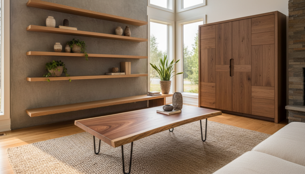 finished woodworking projects displayed in beautiful home