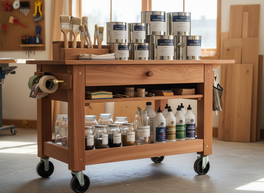 finishing supplies organized in wooden storage cart