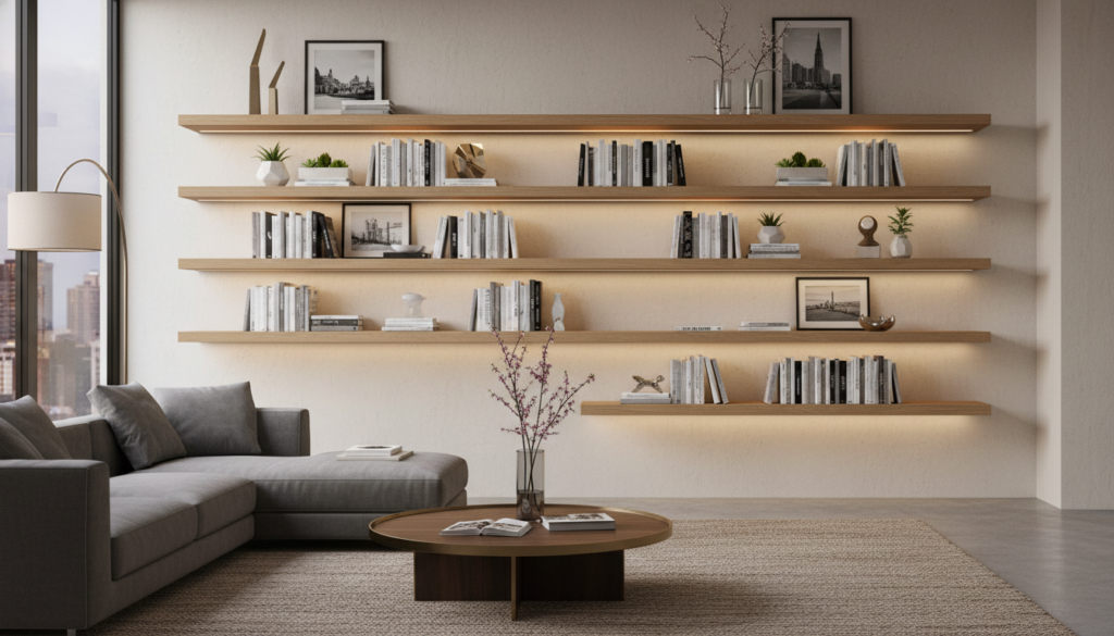 floating shelves mounted on living room wall