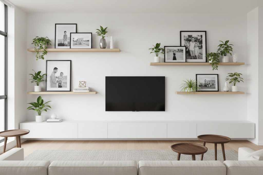 floating shelves with plants and picture frames