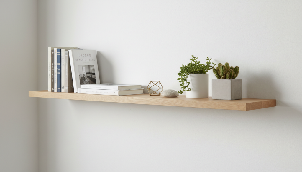floating wooden shelf on wall displaying books and decorative items