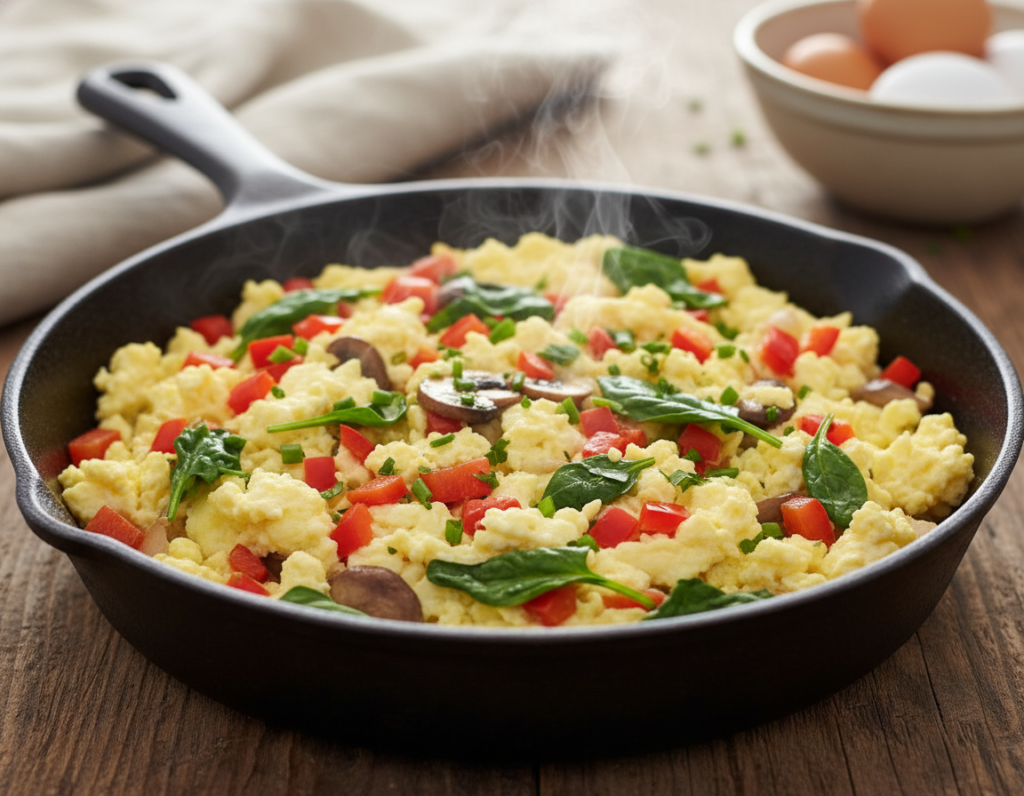 fluffy egg white scramble with colorful vegetables in skillet fluffy egg white scramble with colorful vegetables in skillet