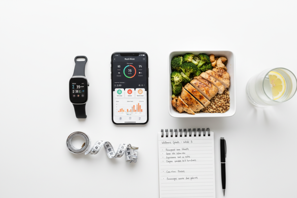 food tracking app on smartphone with healthy meal and fitness tracker