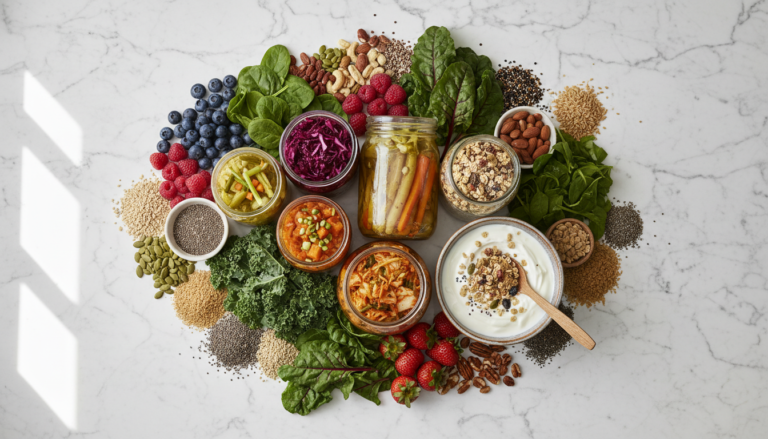 foods good for gut health colorful display