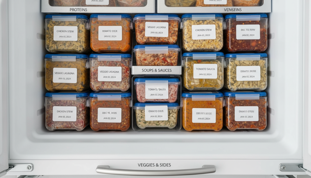freezer organization with labeled meal prep portions