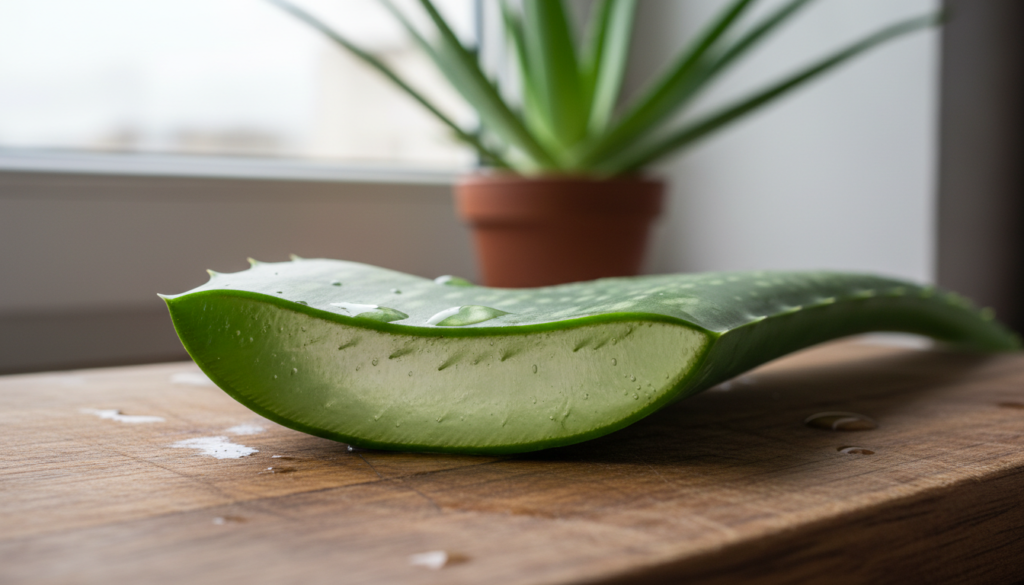 fresh aloe vera gel being extracted from plant leaf