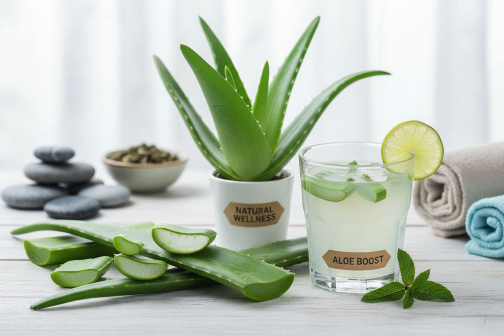 fresh aloe vera plant with juice in glass for digestive health