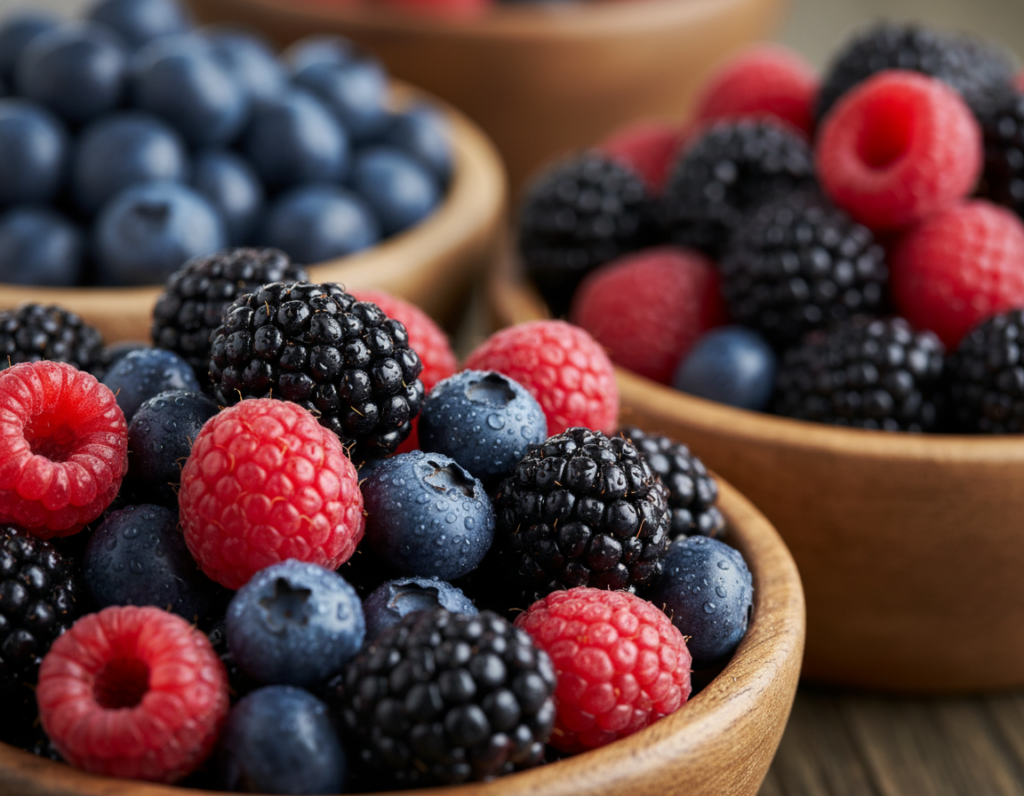 fresh blueberries, blackberries, and raspberries in wooden bowls showing antioxidant richness