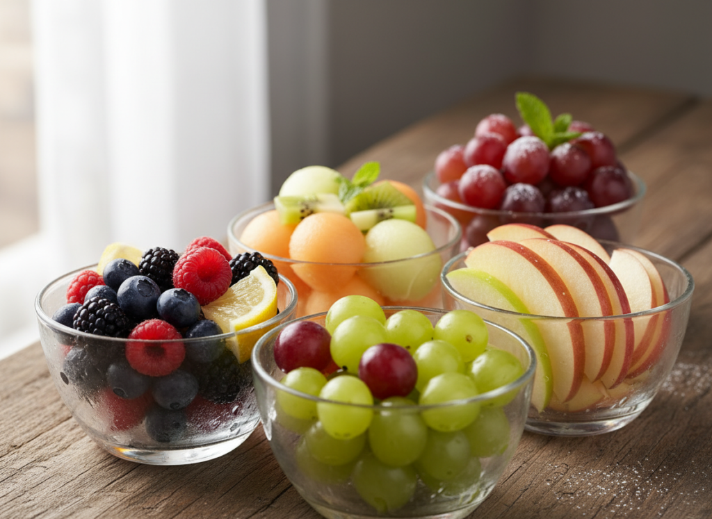 fresh fruit portions in small bowls