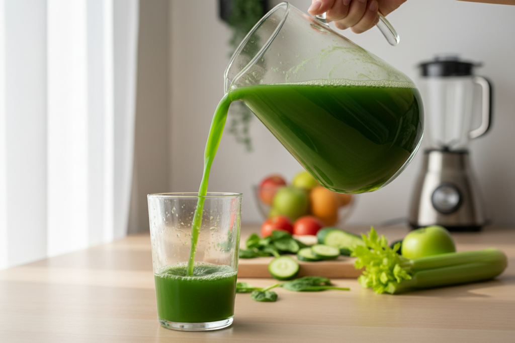 fresh green juice being poured into glass fresh green juice being poured into glass