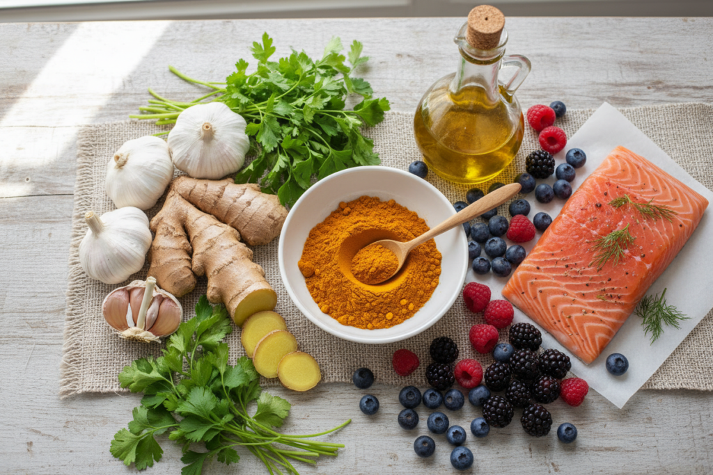 fresh herbs, garlic, ginger, turmeric and other anti-inflammatory ingredients arranged artistically fresh herbs, garlic, ginger, turmeric and other anti-inflammatory ingredients arranged artistically