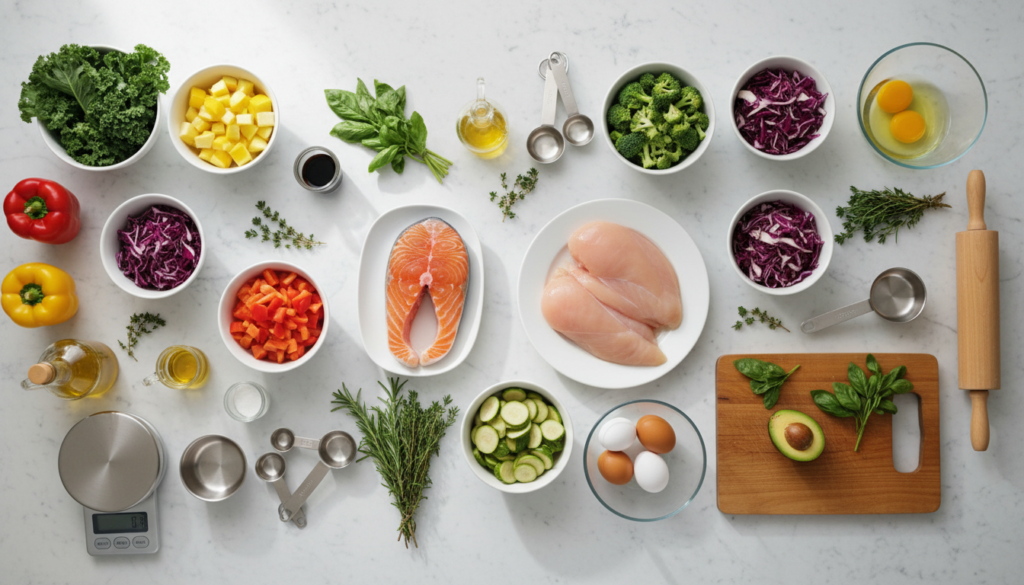 fresh ingredients for healthy cooking on kitchen counter fresh ingredients for healthy cooking on kitchen counter