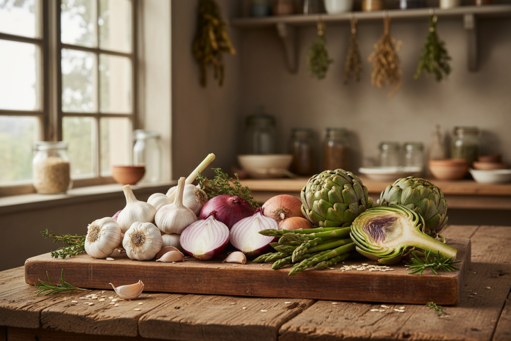 fresh prebiotic vegetables including garlic, onions, asparagus, and artichokes on cutting board