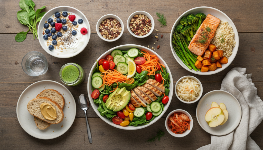 full day of gut-healthy meals displayed from breakfast to dinner