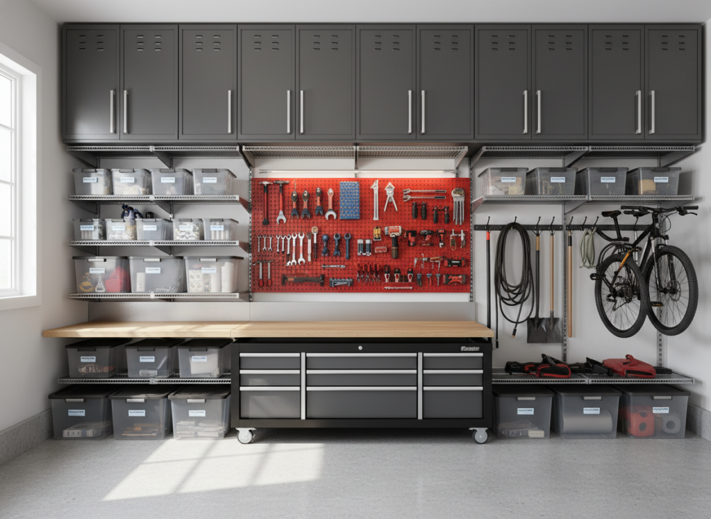garage wall storage system with cabinets and shelves