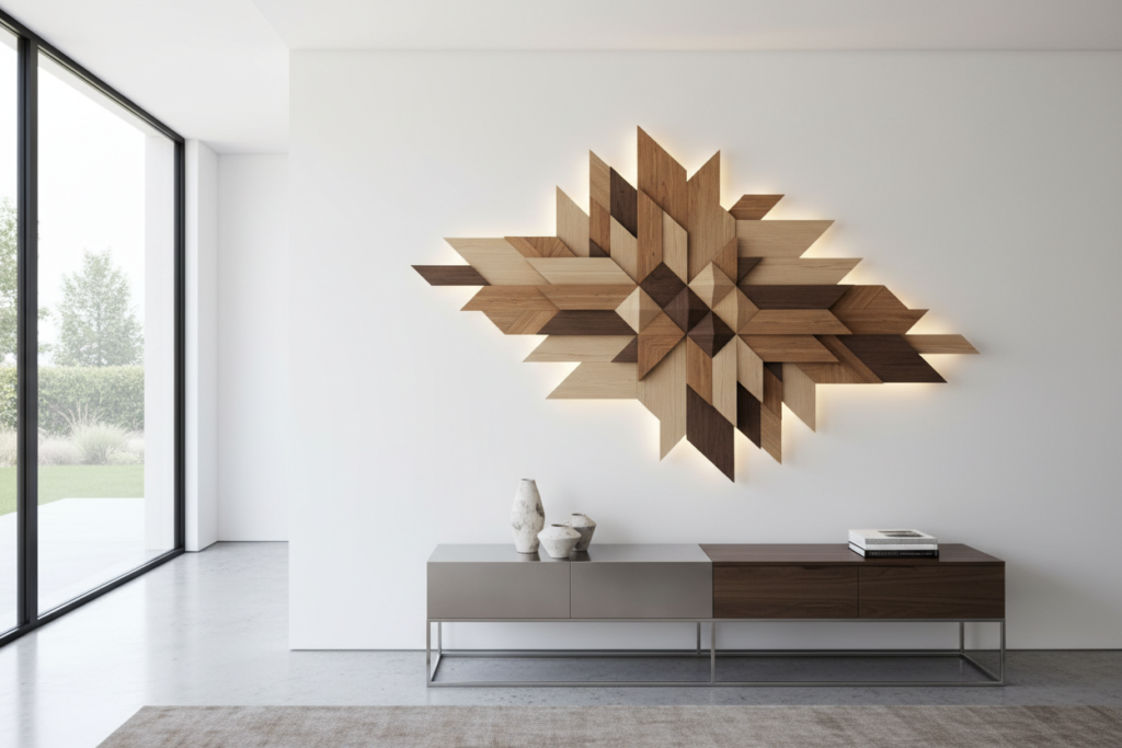 geometric wall art made from different colored wood pieces in pattern