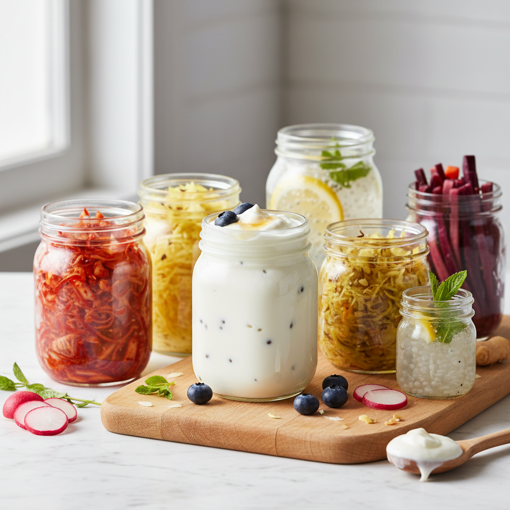 glass jars filled with colorful fermented foods including yogurt, kimchi, and sauerkraut glass jars filled with colorful fermented foods including yogurt, kimchi, and sauerkraut