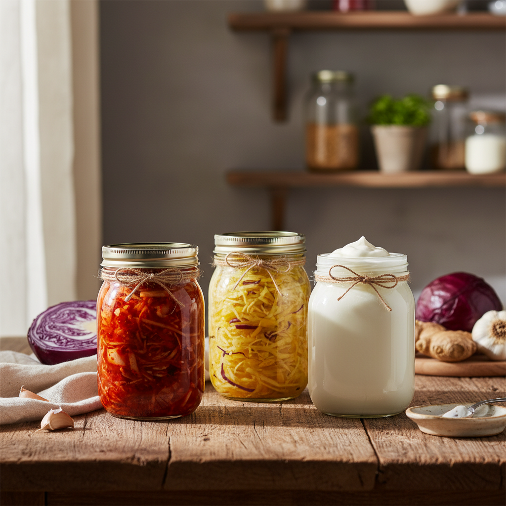 glass jars filled with various fermented foods including kimchi, sauerkraut, and yogurt