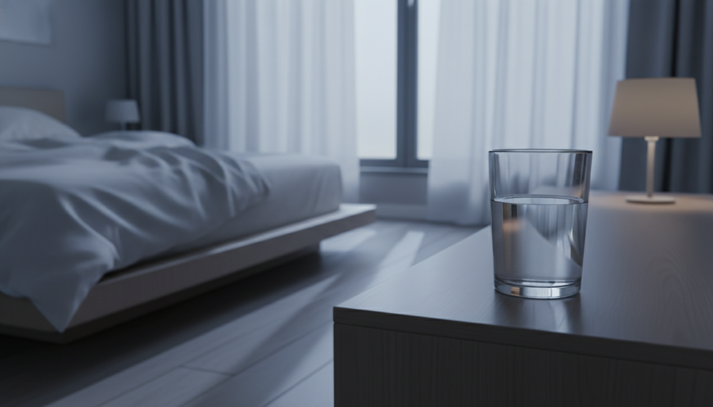 glass of fresh water on bedside table at night