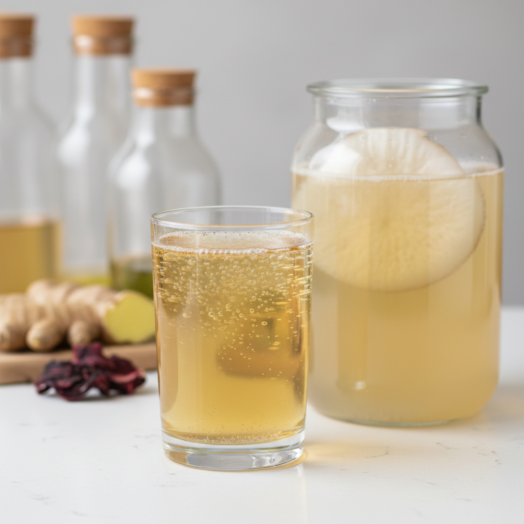 glass of kombucha tea with visible scoby and fermentation bubbles