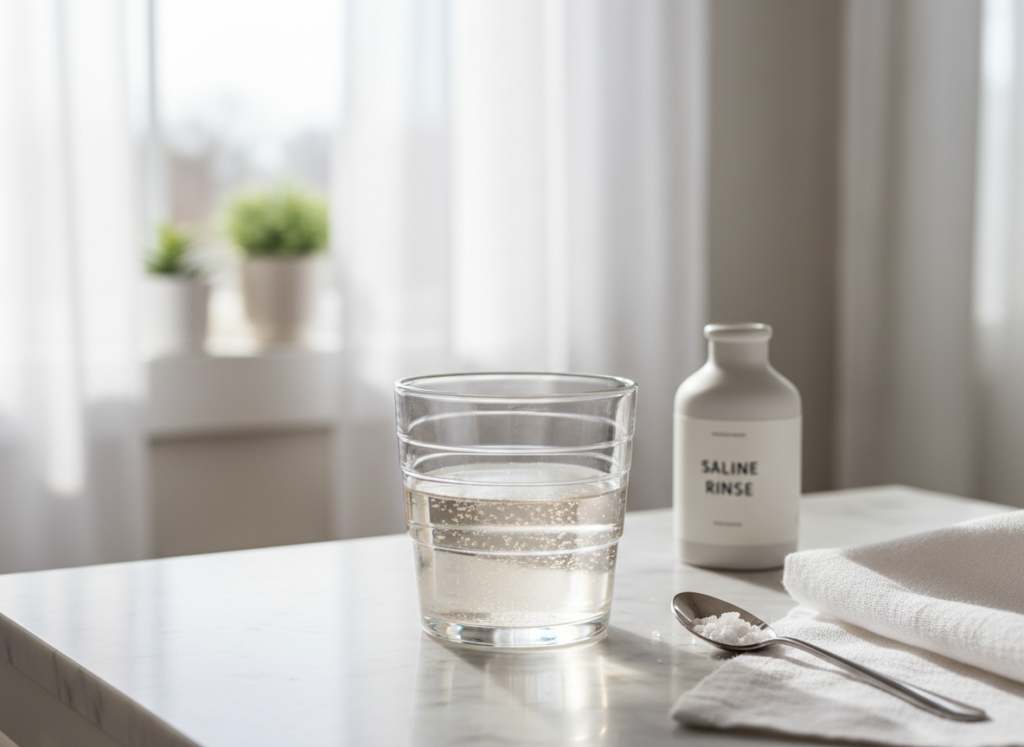 glass of warm salt water for gum treatment on bathroom counter