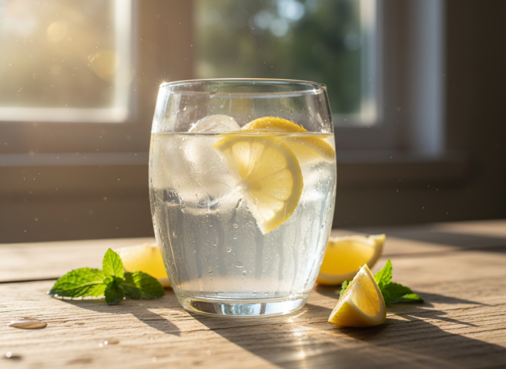 glass of water with lemon on morning table for hydration and mental clarity