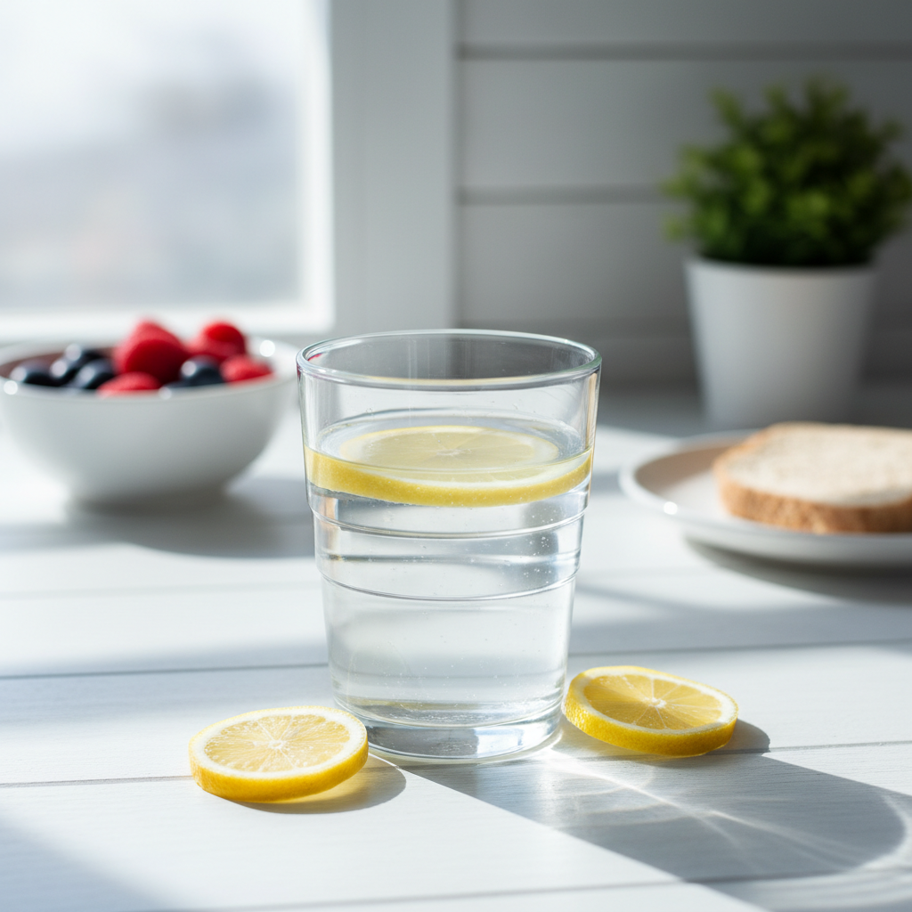 glass of water with lemon on morning table for weight loss hydration