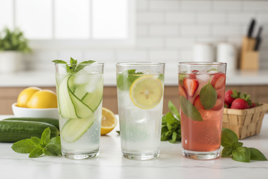 glasses of infused water with fruit and herbs