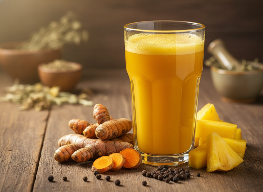 golden turmeric juice with fresh turmeric root pineapple and black pepper golden turmeric juice with fresh turmeric root pineapple and black pepper