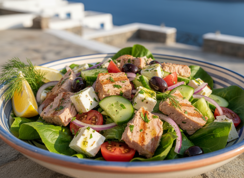 greek tuna salad with olives and vegetables
