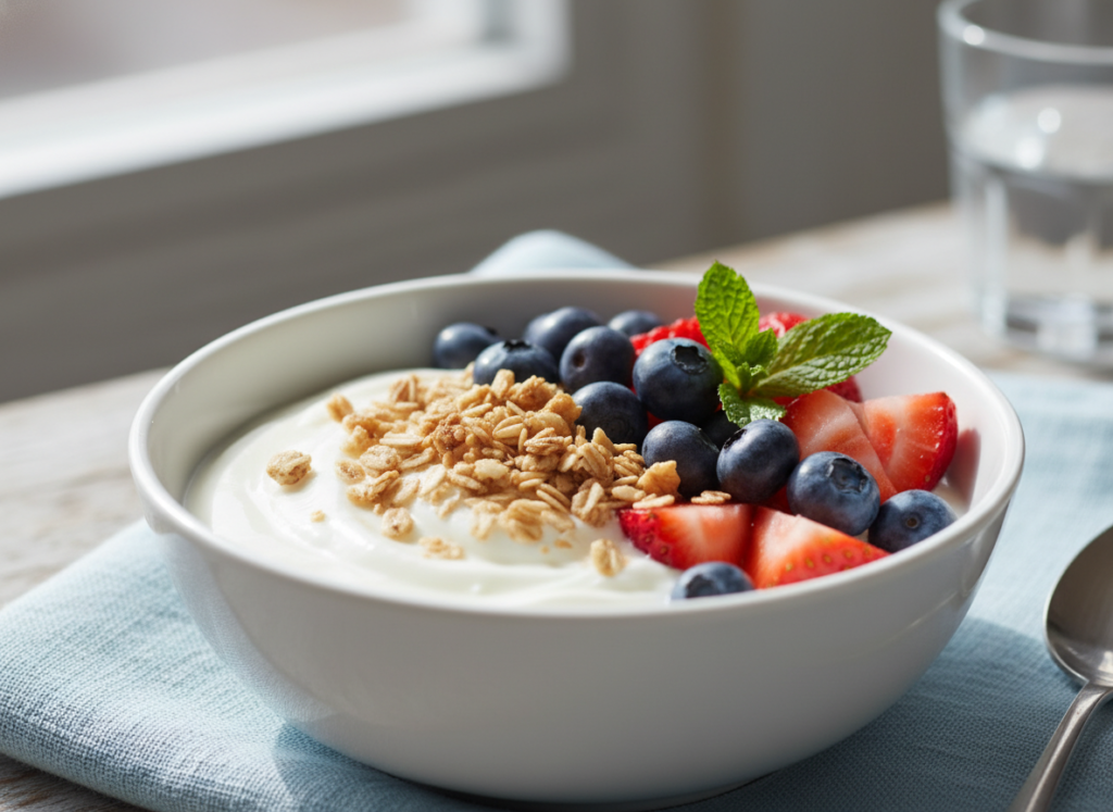 greek yogurt bowl topped with berries and granola greek yogurt bowl topped with berries and granola