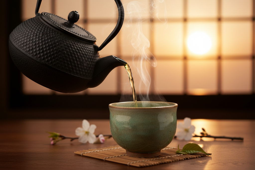 green tea being poured into cup at night