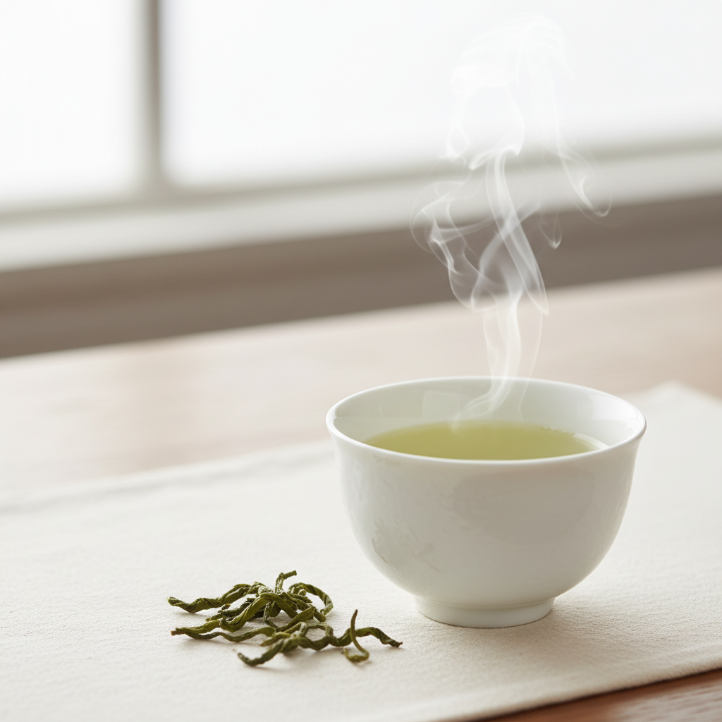 green tea in cup with fresh tea leaves for oral health benefits