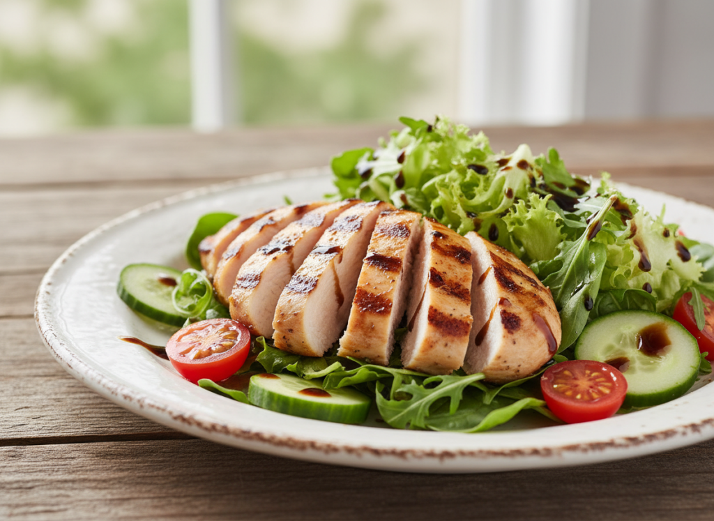 grilled chicken breast sliced over fresh garden salad
