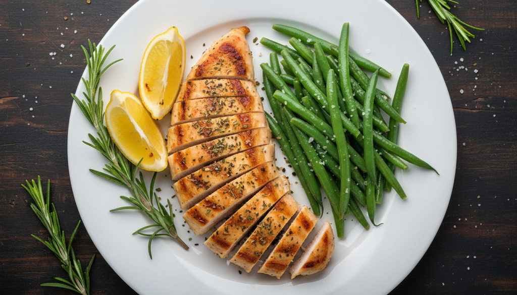 grilled chicken breast with herbs and lemon on dinner plate grilled chicken breast with herbs and lemon on dinner plate