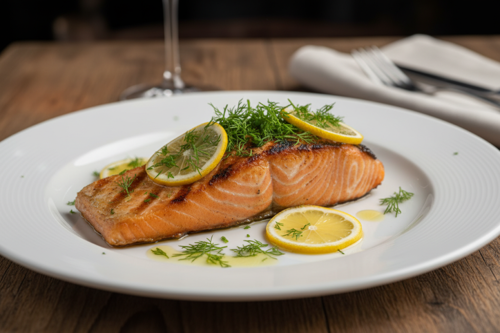 grilled salmon fillet with herbs showing omega-3 rich fish preparation
