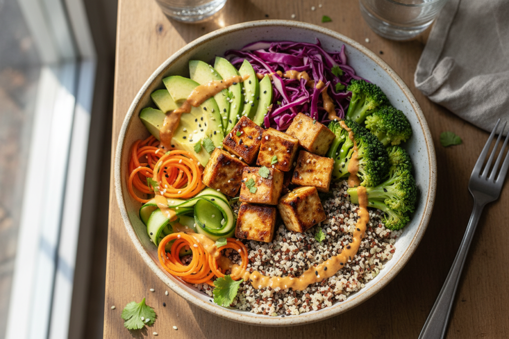grilled tofu with vegetables in a healthy bowl