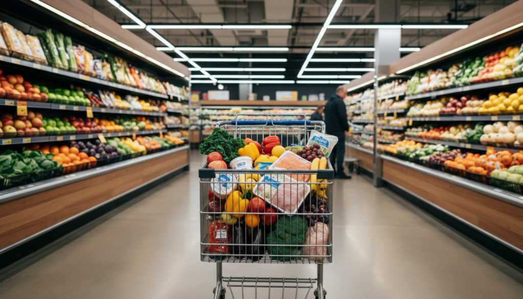 grocery shopping cart with healthy foods