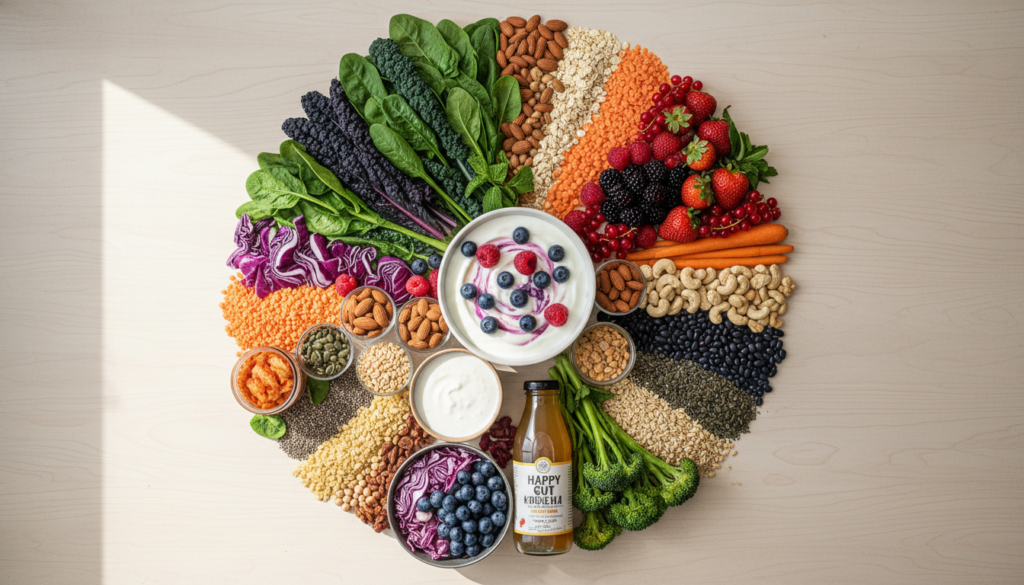 gut health diet colorful fresh vegetables fruits whole grains