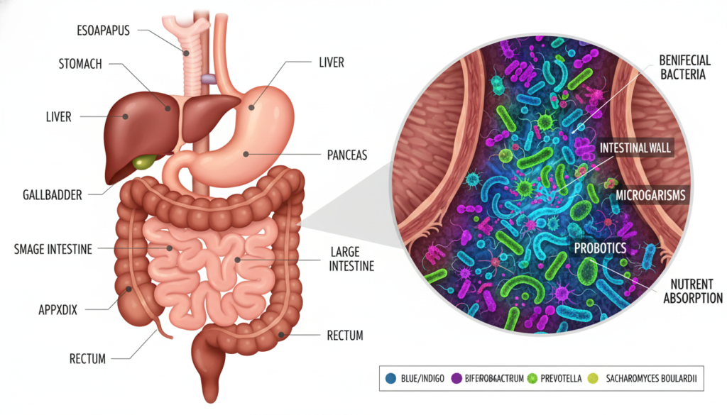 gut microbiome bacteria illustration showing healthy digestive tract