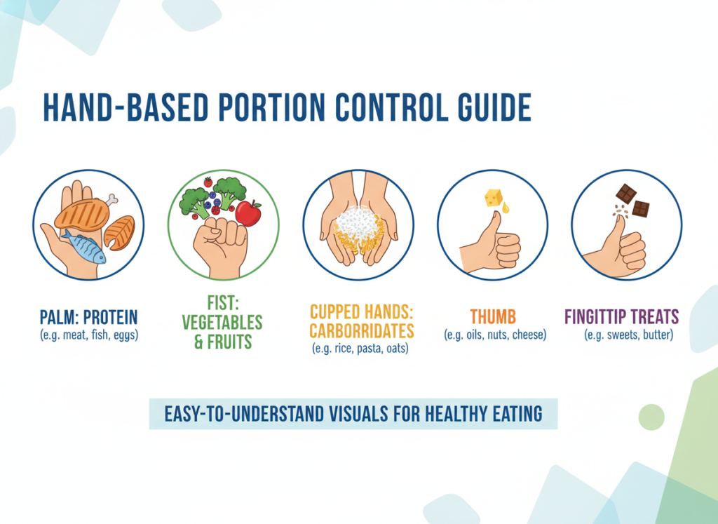 hand portion guide showing palm for protein fist for vegetables