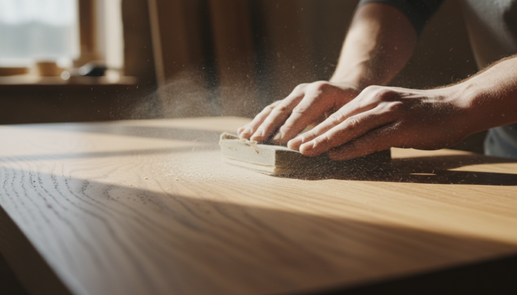 hand sanding wooden table surface with fine grit paper hand sanding wooden table surface with fine grit paper