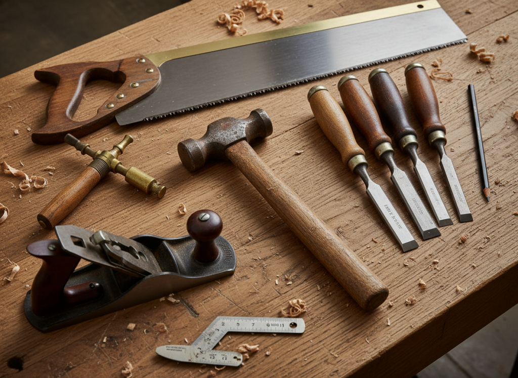 hand tools including hammer chisel and hand saw