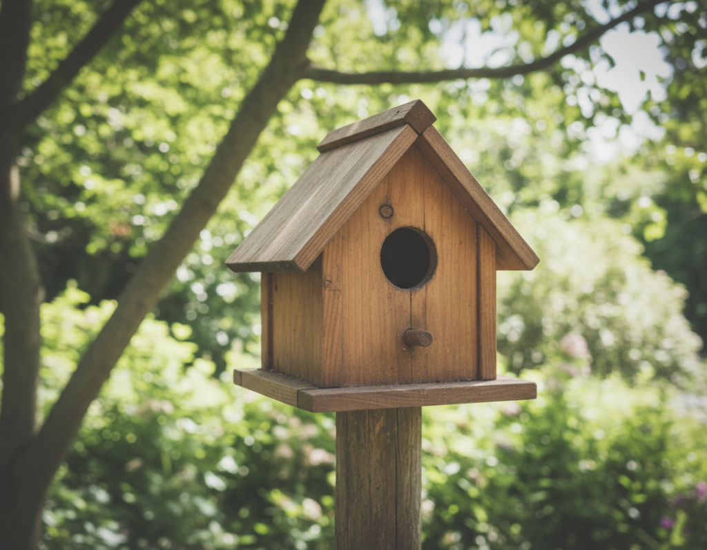 handmade wooden birdhouse mounted on pole handmade wooden birdhouse mounted on pole