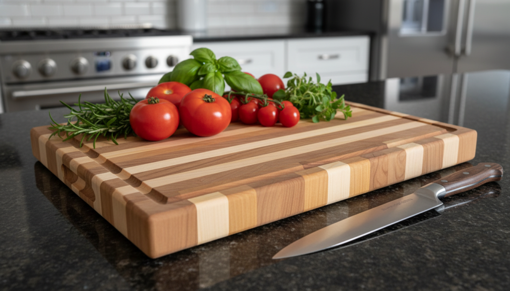 handmade wooden cutting board on kitchen counter with vegetables