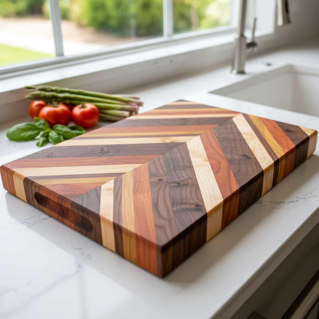 handmade wooden cutting board with beautiful grain patterns on kitchen counter