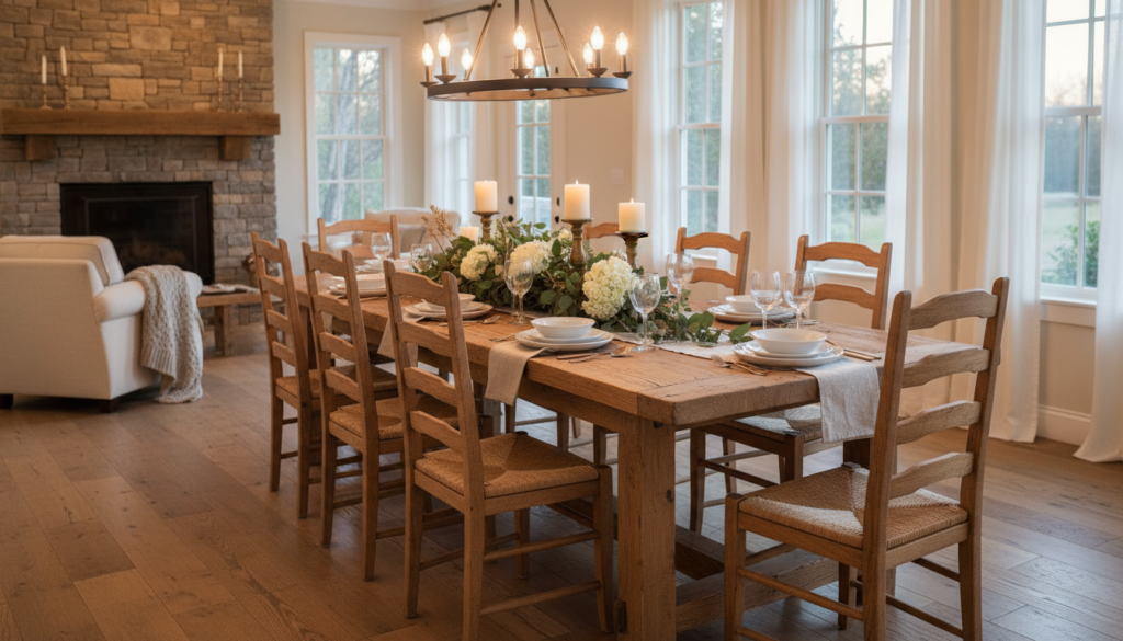handmade wooden dining table with matching chairs