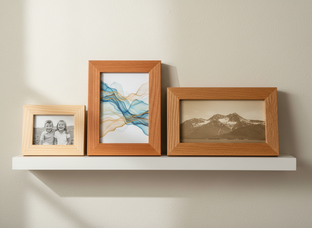 handmade wooden picture frames displaying family photos on shelf
