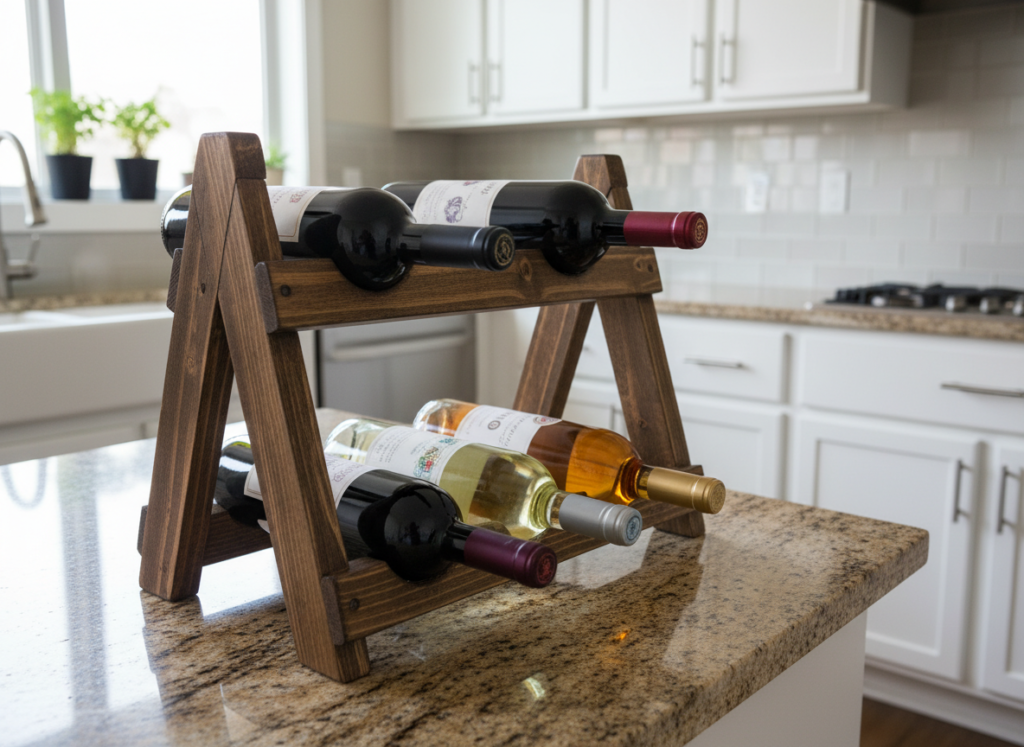 handmade wooden wine rack holding bottles on kitchen counter