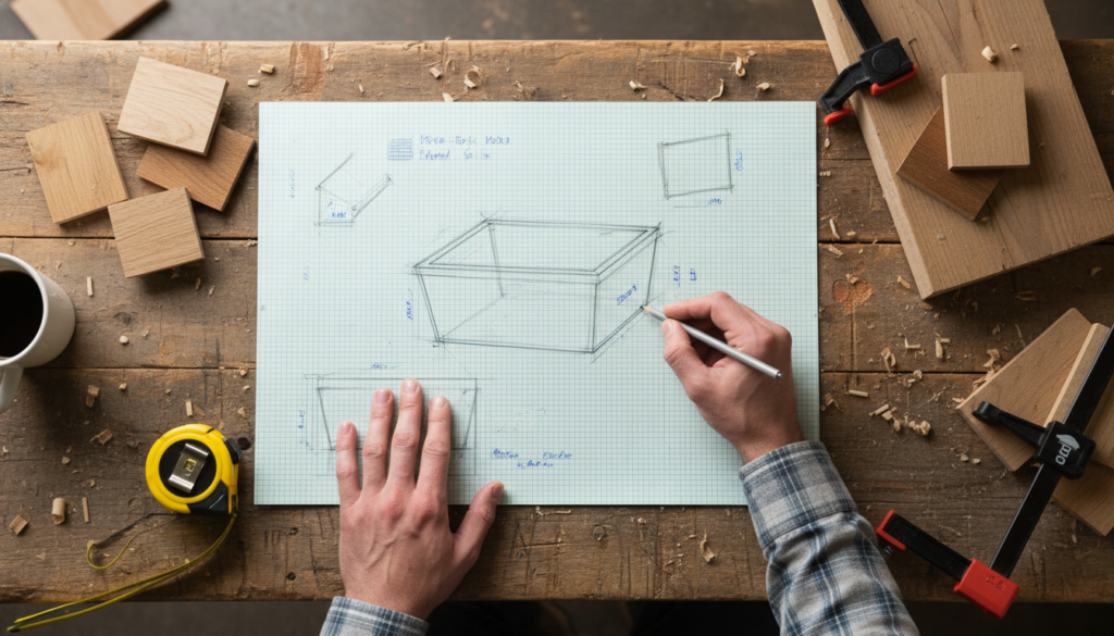 hands sketching planter box design plans on paper with pencil and ruler